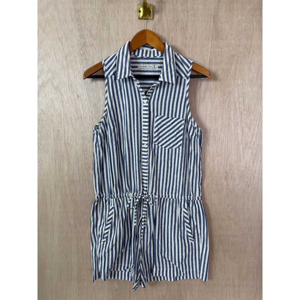 Abercrombie & Fitch Blue Striped Sleeveless Romper Drawstring Pockets Size M